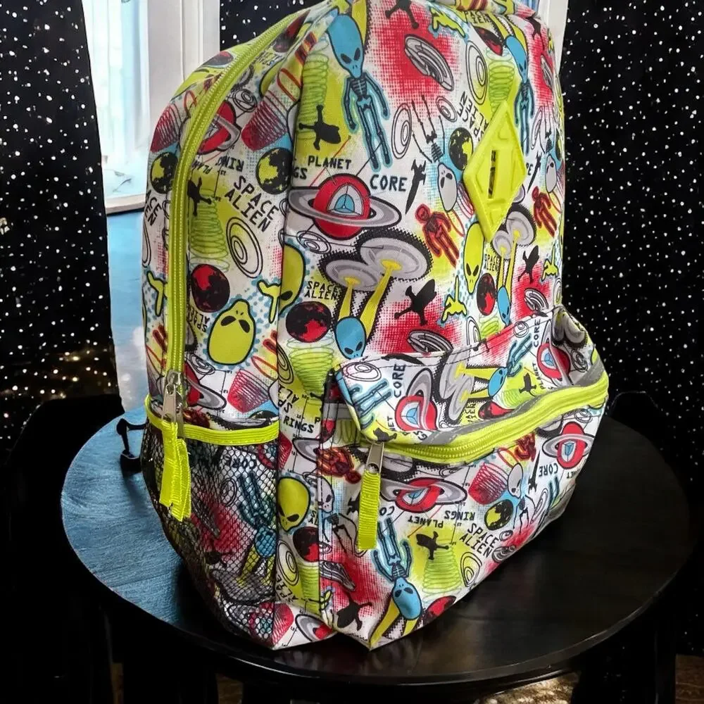 Space Alien Backpack Matching Pouch Neon UFO Outer Space Reflective Spaceman